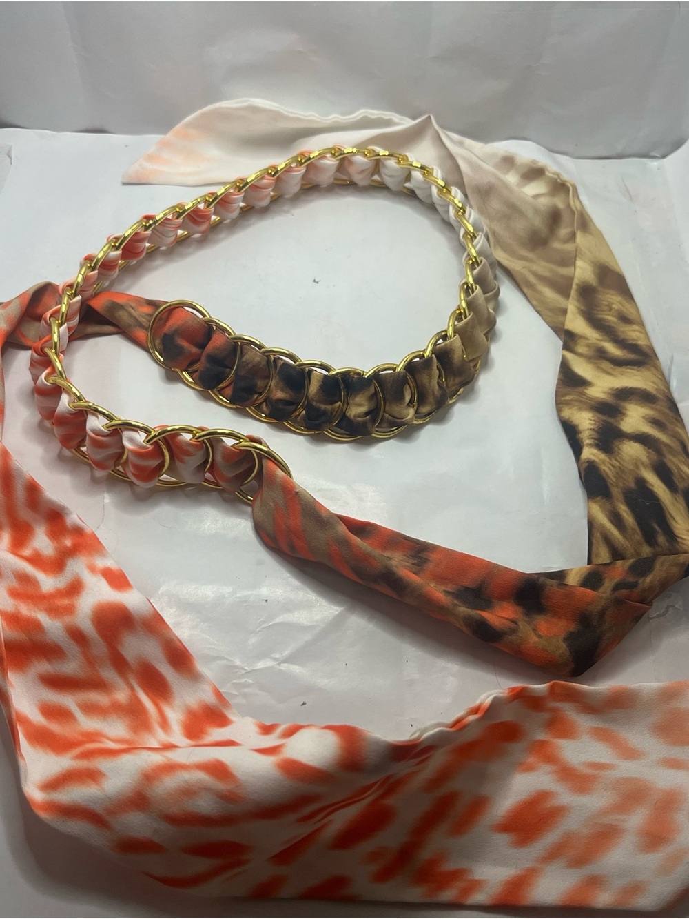 Marciano Gold Chain Scarf Belt in Orange, Brown & Cream